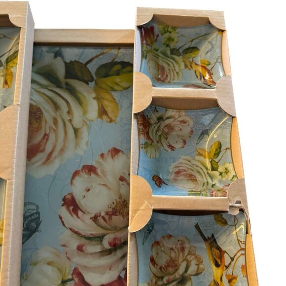 NEW Spring Romance 5-Piece Glass Serving Set Blue Floral Platters Bowls - Picture 10 of 11